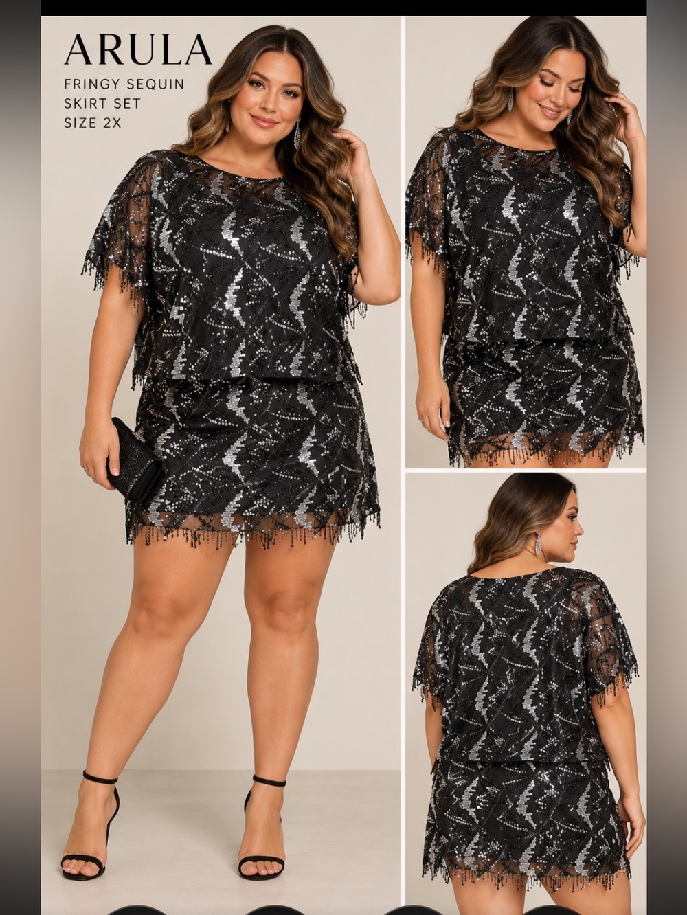 ARULA Sz B 2pc Black Silver Fringy Sequin Mini skirt & top SUPER CUTE NWOT